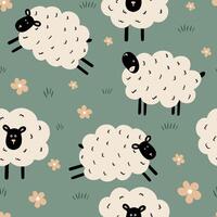 Seamless pattern with cute sheep and flowers vector