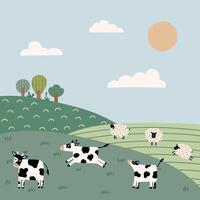 A peaceful meadow with cows and sheep vector