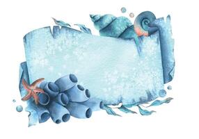 Paper banner scroll, in marine theme with underwater animals, shells, seaweed, corals, starfish and bubbles. Watercolor hand drawn illustration. Rectangular horizontal frame, banner, template for text vector