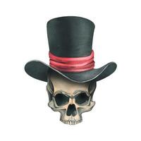 A human skull without a lower jaw in a black top hat with a red ribbon. Hand drawn watercolor illustration for day of the dead, halloween, Dia de los muertos. Isolated object on a white background. vector