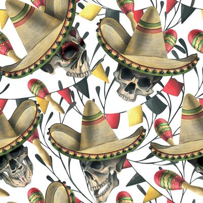 Human skulls in a sombrero hat, maracas, garland flags, branches. Hand drawn watercolor illustration for day of the dead, halloween, Dia de los muertos. Seamless pattern on white background.