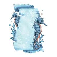Paper banner scroll, in marine theme with underwater animals, seahorses, corals and bubbles. Watercolor hand-drawn illustration. Rectangular vertical frame, banner, template for text isolated vector