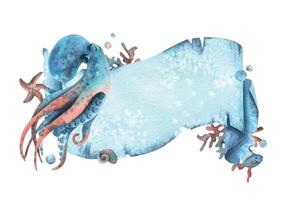 Paper banner scroll, in marine theme with underwater animals, octopus, starfish, corals, shell, fish and bubbles. Watercolor hand-drawn illustration. Rectangular horizontal frame, banner, template vector