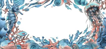 Underwater world with sea animals, seahorse, jellyfish, shells, corals, fish, seaweed, starfish and bubbles. Hand drawn watercolor illustration. Marine rectangular horizontal frame, template for text. vector