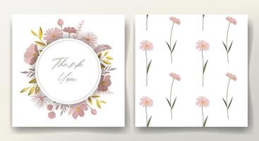 Greeting card and seamless pattern with golden leaves and gentle meadow flowers. Botanical template. Floral frame vector