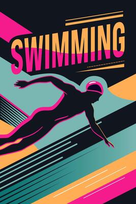 Retro style poster text swimming and silhouette of a swimmer. Modern abstract sport background. Trendy geometric shapes.