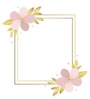 Empty botanical frame with golden leaves and pink flowers. Gentle botanical template, frame, invitation vector