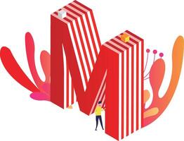 A man is standing next to a large red letter m vector