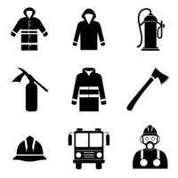 Firefighter Uniform and Tools Silhouette Icons vector