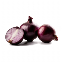 Three ripe red onions, one sliced, showcasing their vibrant color and layers. png