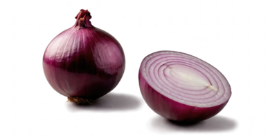 A whole red onion and a cross-section of one, showcasing its layers and vibrant color. png