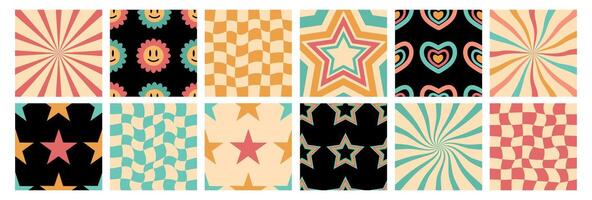 Retro groovy background big set. Checkered swirl, seamless pattern with stars, flowers, emoji, distorted rays. illustration for summer design, patch, wrapping paper, cover, fabric, clothing vector