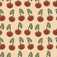 Seamless pattern with retro groovy cherry on a beige background. illustration for packaging, baby clothes, wrapping paper, cover, case vector