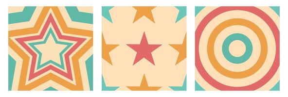 Retro background set with colorful stars and circles. Abstract illustration for background, patch, poster, summer design vector