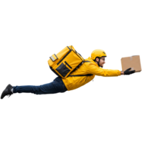 Young Delivery Man in a Yellow Uniform Flying to Deliver an Order, Isolated on a Transparent Background Fast Delivery Service Concept. png