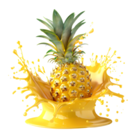 Pineapple on a plate with juice splashing around it, isolated on a transparent background png