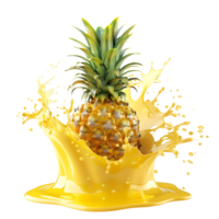 Vibrant pineapple splashing in juice on a flat plate, isolated on a transparent background png