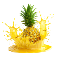 Pineapple bursting in golden juice splash, isolated on a transparent background png