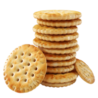 Stack of golden cookies with visible crumbs, isolated on a transparent background png