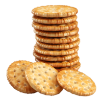 Stack of crunchy golden cookies with visible crumbs, isolated on a transparent background png
