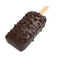 Chocolate ice cream bar with a crunchy coating and wooden stick, isolated on a transparent background png