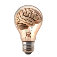 Close-up of a light bulb with intricate brain patterns inside, isolated on a transparent background png
