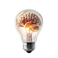Light bulb with a glowing brain design inside, isolated on a transparent background png