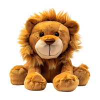 Sitting lion plush toy with realistic mane texture, isolated on a transparent background png