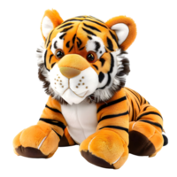 Sitting tiger stuffed animal with a playful expression, isolated on a transparent background png