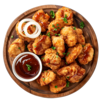 Crispy fried chicken and fries platter with condiments isolated on a transparent background png