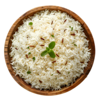 Bowl of fluffy white rice garnished with herbs, perfect for meals, isolated on a transparent background png