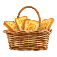 Wicker basket filled with golden crispy toast slices isolated on a transparent background png