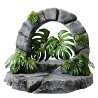 a stone arch with plants and a rock png