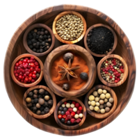 Wooden spice rack with different spices and nuts isolated on transparent background. png