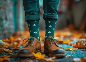 A pair of brown boots with laces are standing on a green leafy field. The boots are dirty and worn, giving the impression of a person who has been walking through the grass. Patrick's Day photo