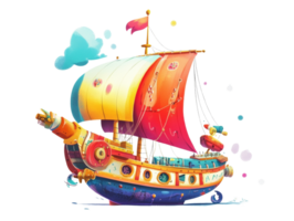 A whimsical colorful sailing ship floats on calm waters png