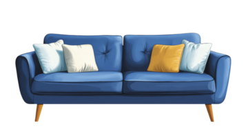 A blue sofa with white and yellow pillows sits invitingly png