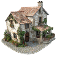 Charming Stone Cottage With Lush Greenery And Cobblestone Path png