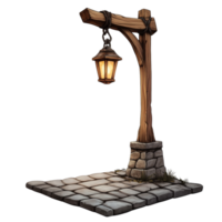 Wooden Post Lamp Illuminates Cobblestone Path png