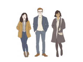 Three stylish individuals stand together smiling for a photo png