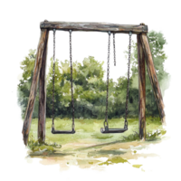 Empty Wooden Swing Set in a Green Landscape png