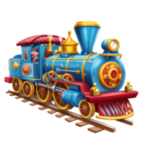 A whimsical blue toy train with a smiling conductor png