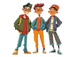 Three happy boys stand together smiling and wearing casual clothes png