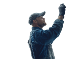A male worker in overalls performs overhead work png