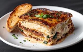 A delicious slice of lasagna with toasted bread photo