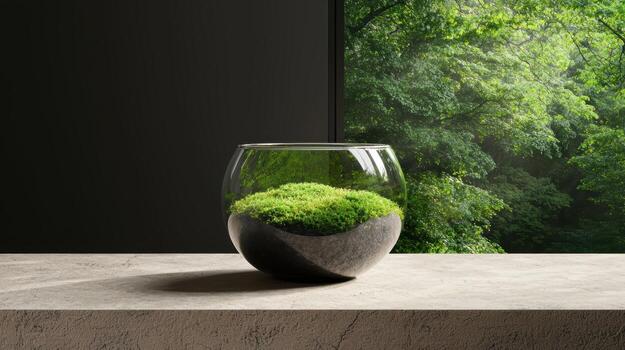 A terrarium with moss on a stone base sits on a table in front of a window with a forest view photo