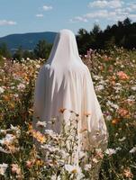 A figure draped in white stands in a field of wildflowers photo