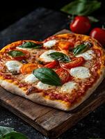 Heart shaped pizza with tomatoes, mozzarella, and basil on a wooden board photo