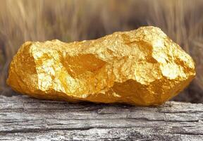 A large gold nugget resting on a log photo