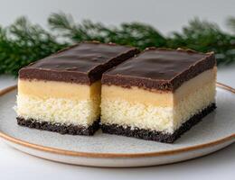 Two Nanaimo bars sit on a plate with evergreen branches in the background photo